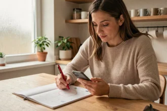 Femme organisant son budget shopping en entourant des dates de ventes privées sur un calendrier papier, assise à une table en bois dans une cuisine moderne