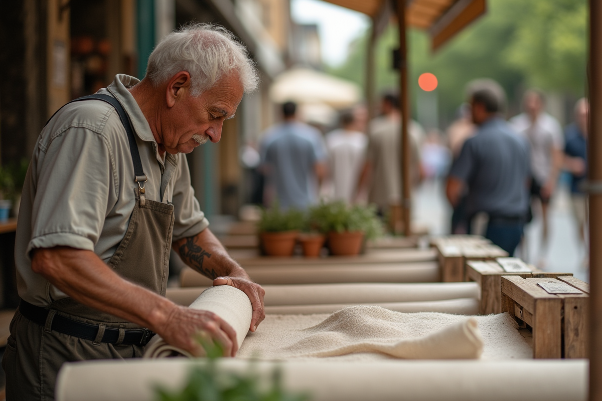 Ouvrier textile assemble des rouleaux de tissu écologique au marché