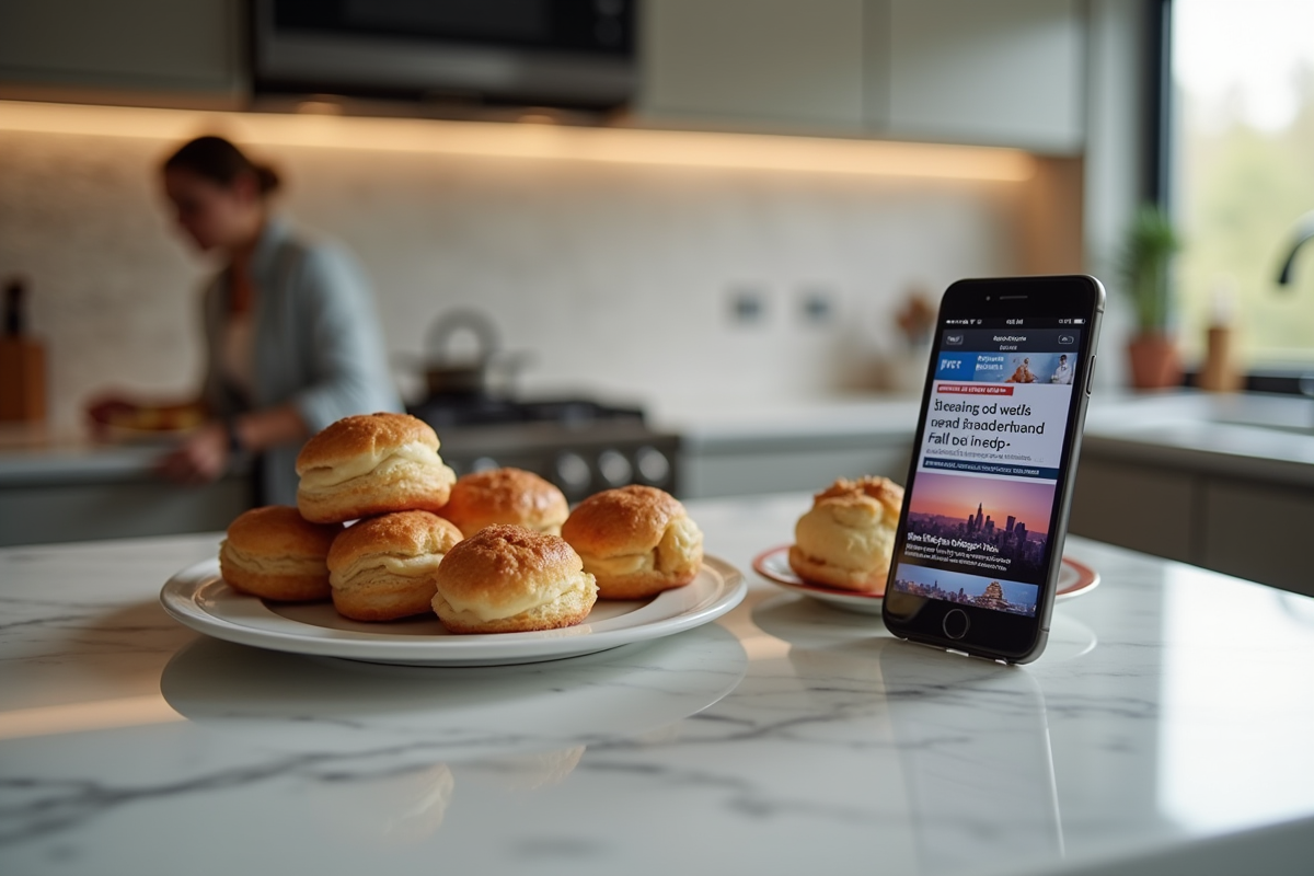 Pâtisseries françaises sur un comptoir en marbre avec smartphone