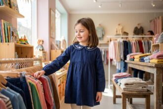 Petite fille choisissant des vêtements dans une boutique enfant colorée et bien organisée
