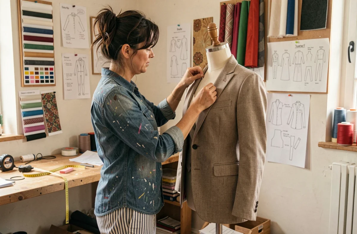 Couturière de Pom l'Atelier épinglant une veste sur mesure dans son atelier créatif dans le Doubs