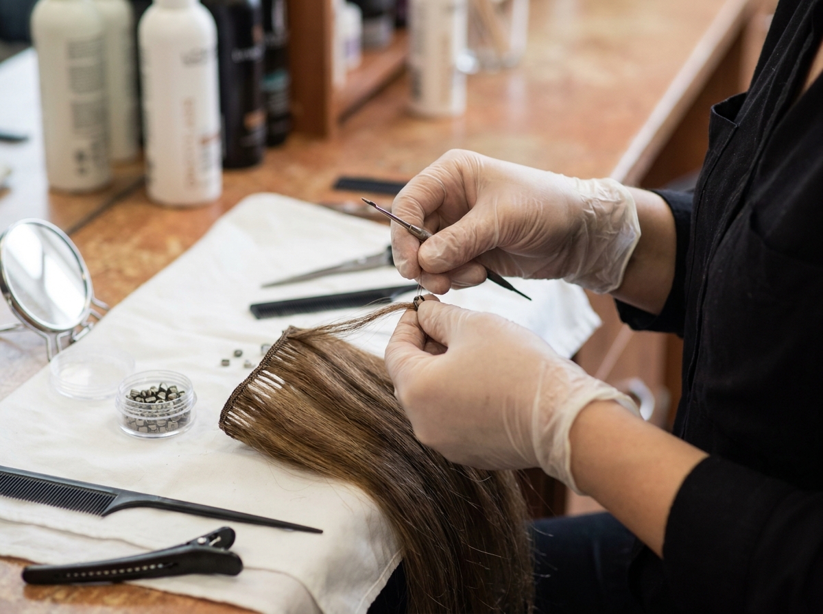 Gros plan sur la pose d'extensions de cheveux naturels avec micro-anneaux par une coiffeuse professionnelle