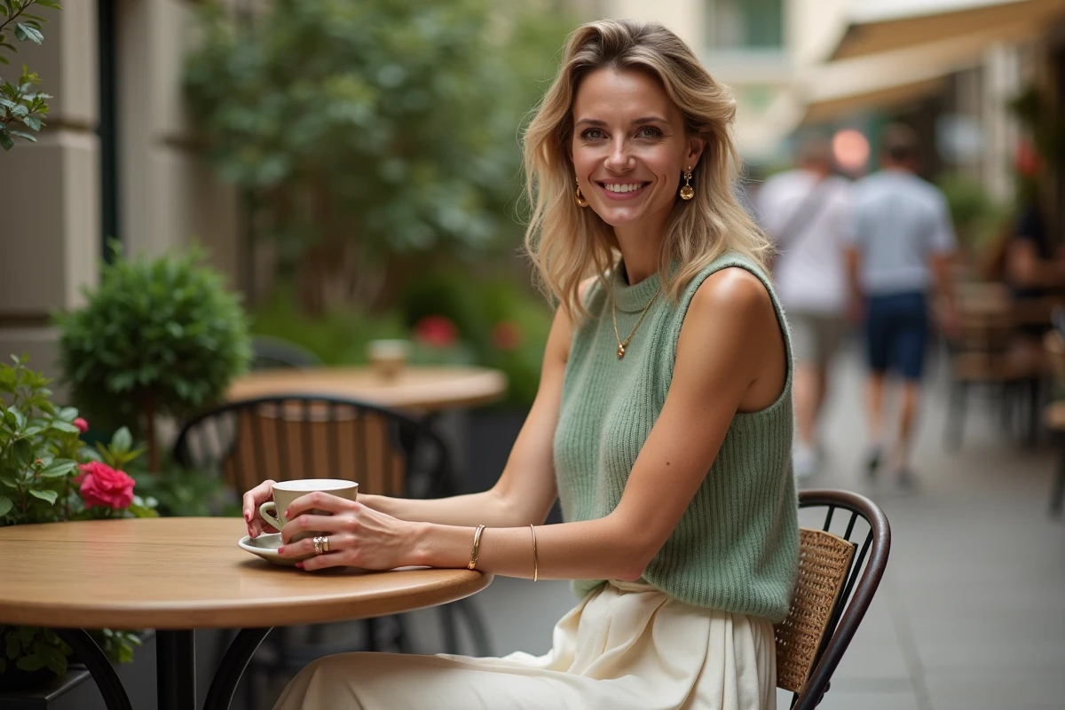 Femme assise en terrasse de café portant un pull sans manche en laine vert sauge avec une jupe midi en lin crème
