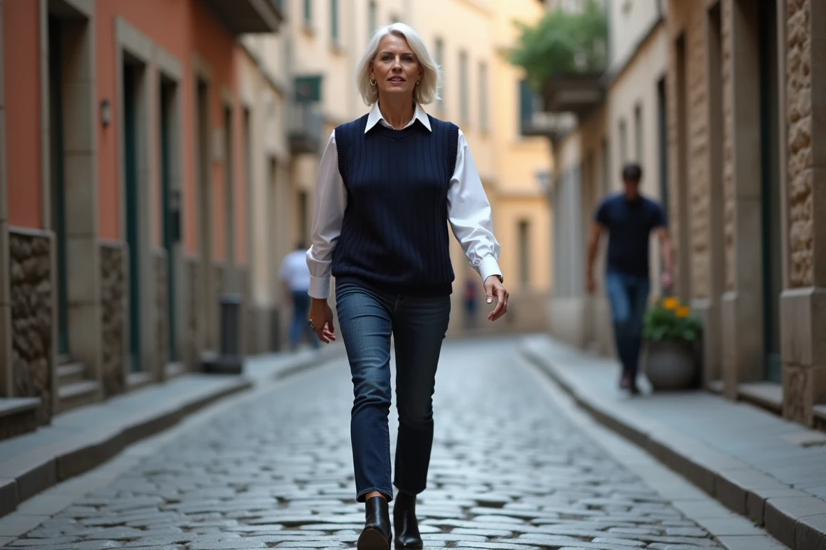 Femme d'une quarantaine d'années portant un pull sans manche marine superposé sur une chemise blanche dans une rue pavée européenne