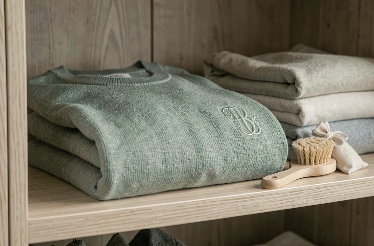 Pulls personnalisés couple soigneusement pliés et rangés dans une armoire en bois avec un chasse-peluches et un sachet de cèdre