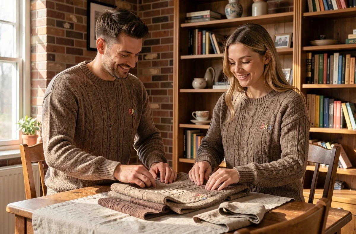 Couple repliant soigneusement leurs pulls personnalisés assortis sur une table en bois dans un appartement cosy