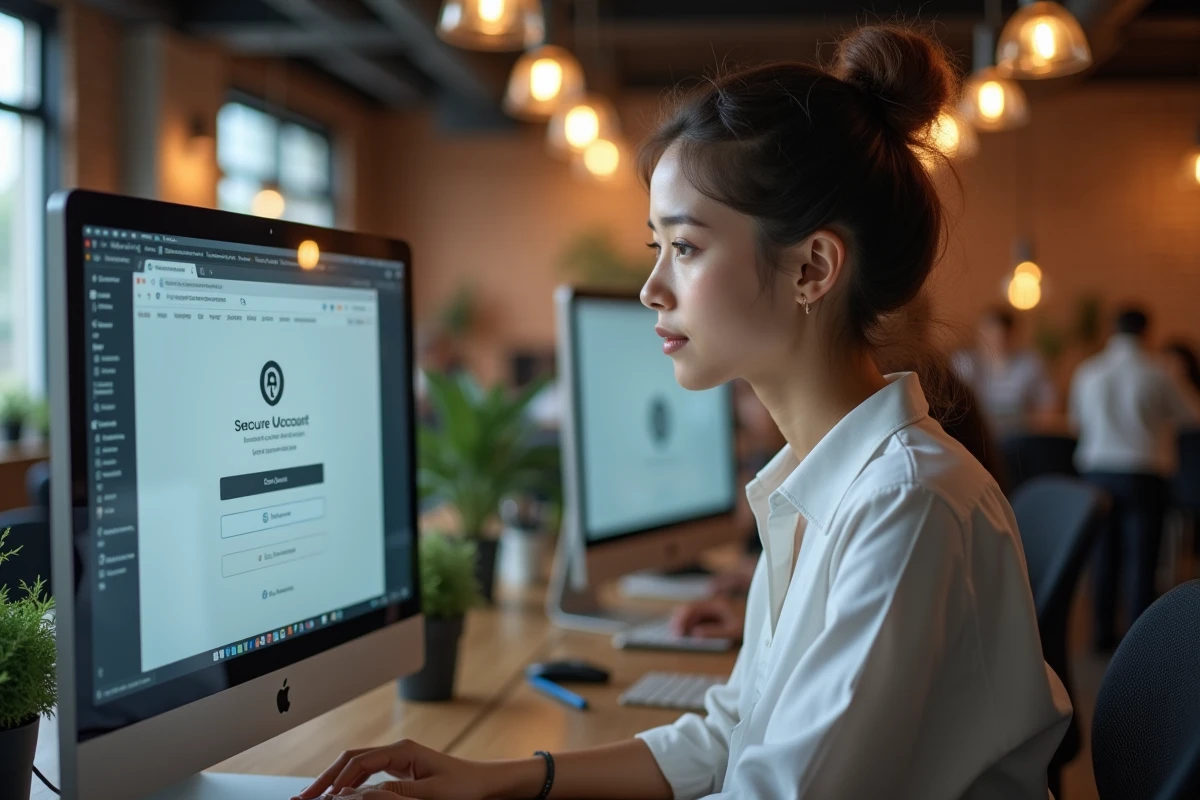 Jeune femme récupérant l'accès à son compte habillement sur un ordinateur de bureau dans un espace de coworking