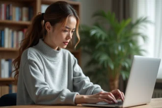 Femme récupérant son mot de passe oublié sur un espace personnel en ligne depuis son bureau à domicile