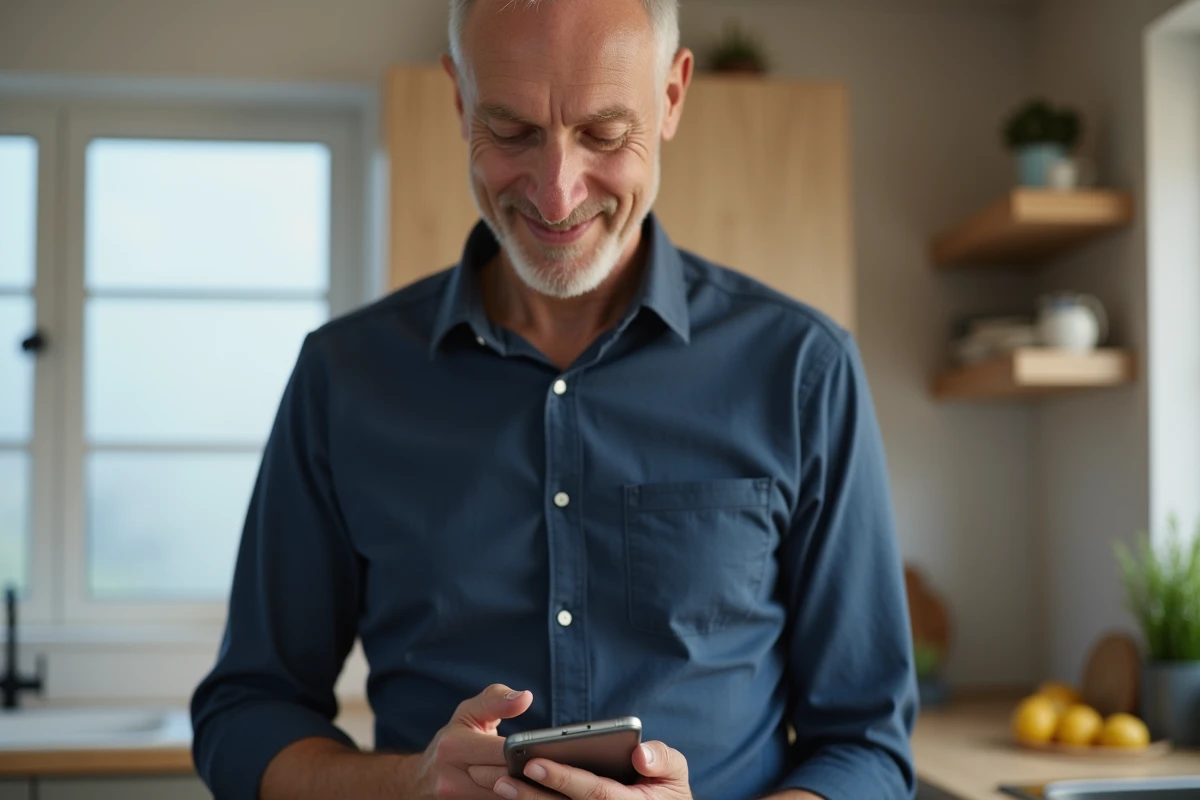 Homme consultant une confirmation de réinitialisation de mot de passe sur son smartphone dans une cuisine moderne