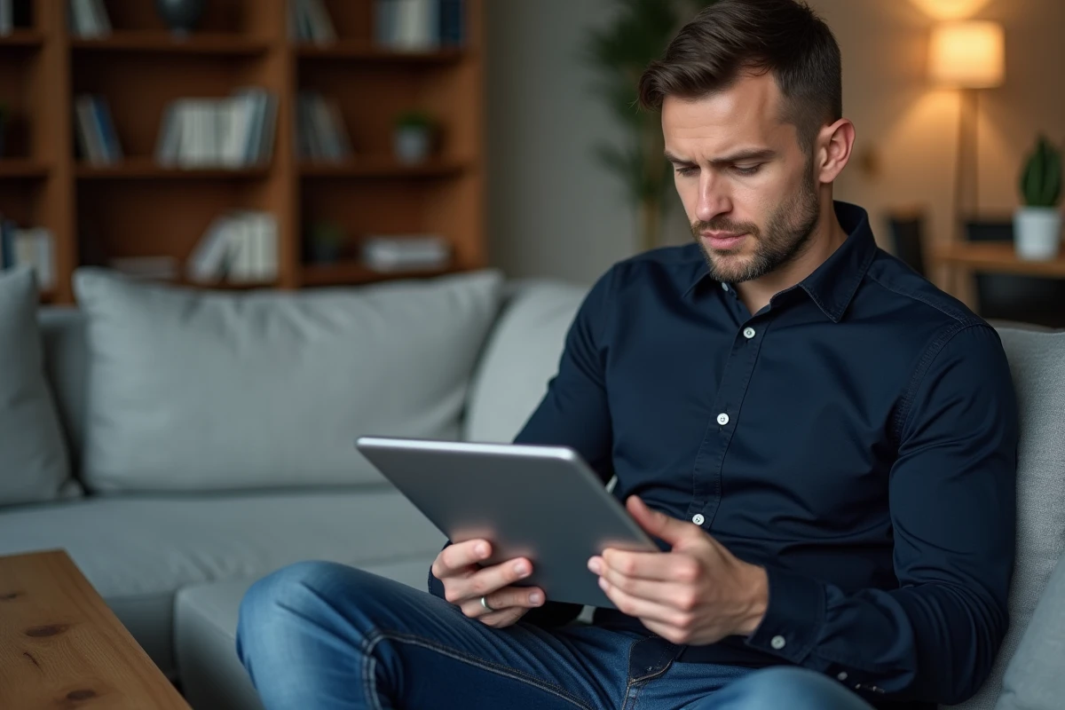 Homme consultant l'historique de transactions PayPal sur une tablette pour suivre le remboursement d'une commande annulée