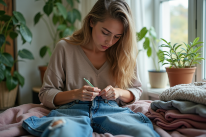 Jeune femme réparant un jean déchiré avec aiguille et fil à la maison