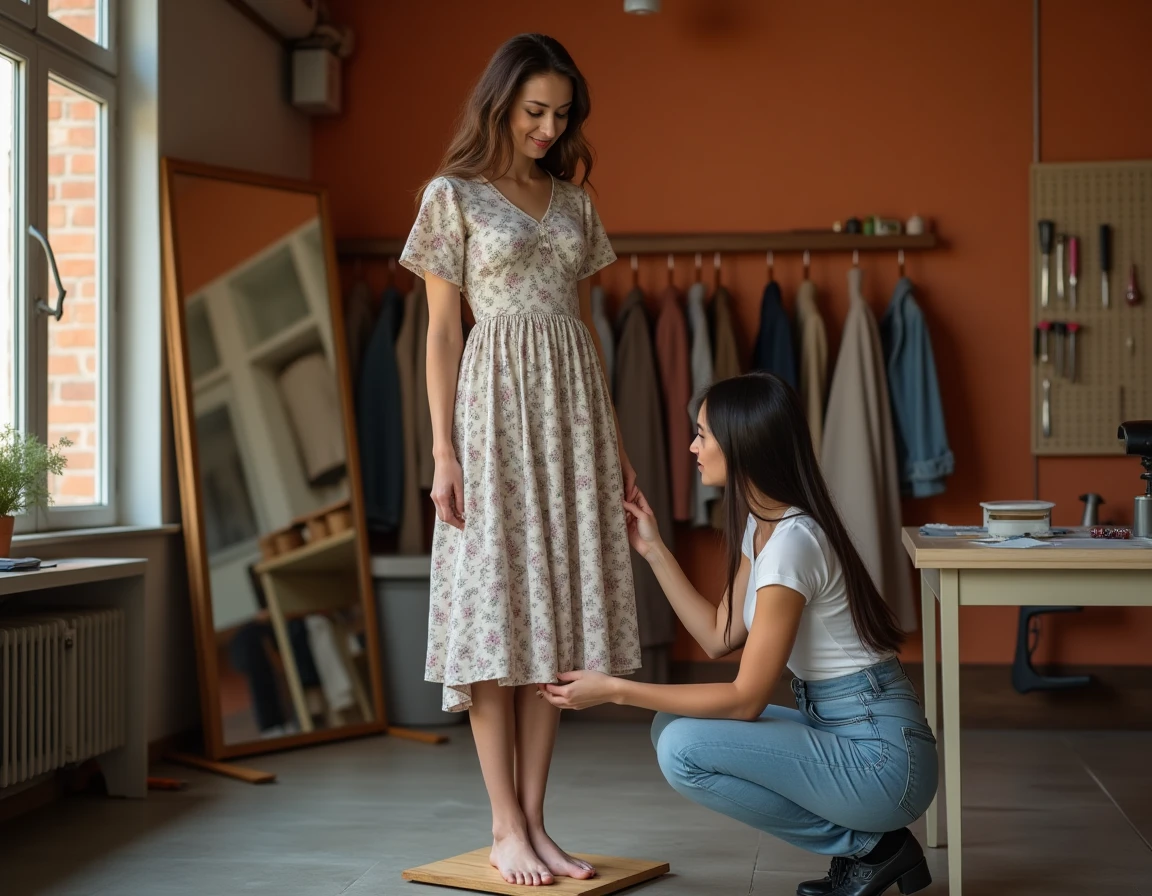 Cliente debout sur une estrade de retouche pendant qu'une couturière prend les mesures de l'ourlet de sa robe dans un atelier à Toulouse
