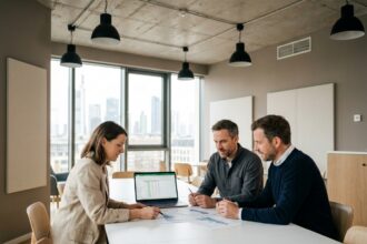 Réunion professionnelle dans un bureau moderne avec trois collaborateurs examinant des documents autour d'une table blanche