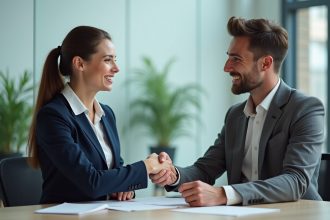 Deux professionnels se serrent la main dans un bureau moderne