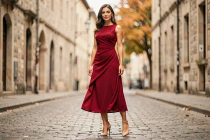 Femme en robe rouge midi portant des escarpins nude sur un pavé européen, look chic et élégant