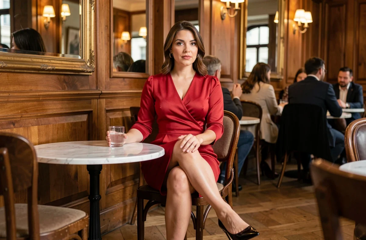 Femme en robe rouge portant des kitten heels noirs dans un café parisien, association de couleurs élégante