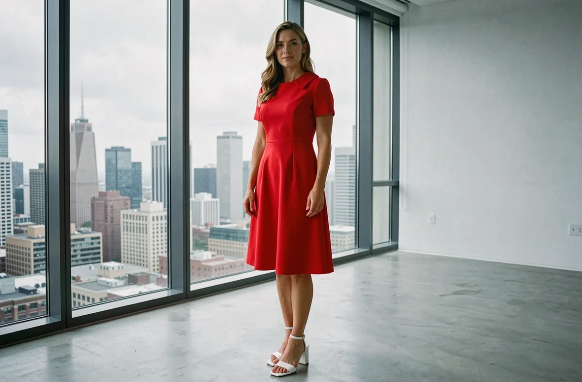 Femme en robe rouge portant des sandales blanches à talons dans un appartement moderne, style chic et contemporain