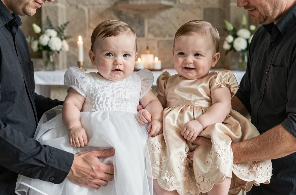 Jumelles en robes de baptême coordonnées différentes, robe organza blanche et robe soie champagne, portées dans une église en pierre