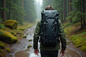 Homme portant un sac à dos imperméable noir en nylon technique sur un sentier forestier mouillé, vue de dos en trois quarts