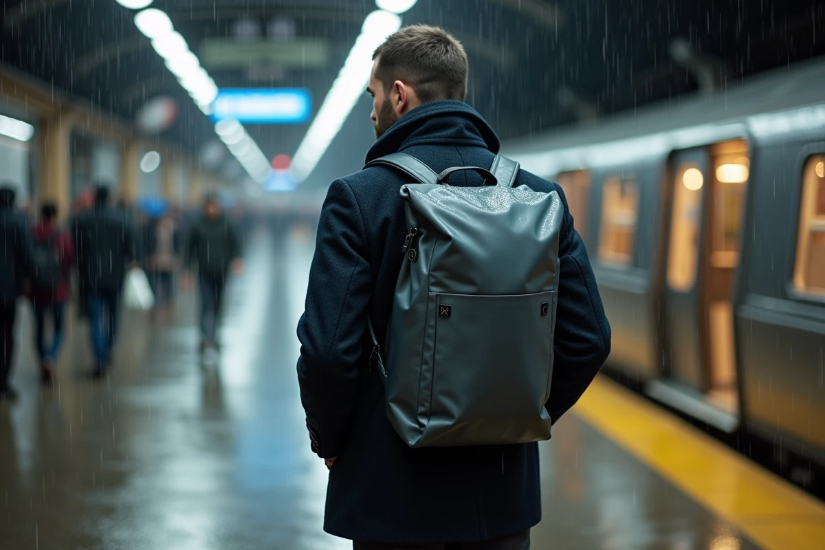 Homme en ville sous la pluie sur un quai de gare portant un sac à dos imperméable urbain gris anthracite avec protection imperméable