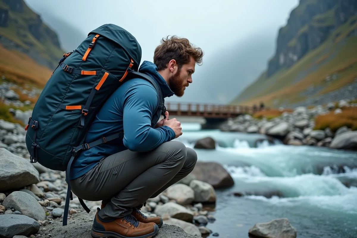 Randonneur accroupi près d'un torrent de montagne ajustant son sac à dos imperméable bleu marine avec détails orange