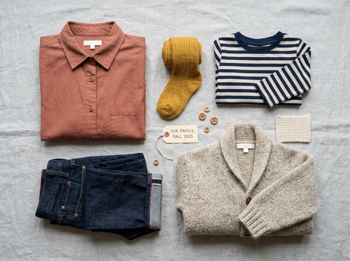 Sélection de vêtements confortables pour toute la famille disposés en flat lay sur fond lin