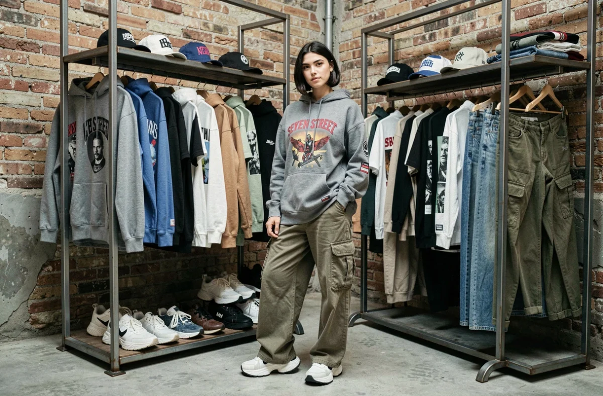 Jeune femme en sweatshirt graphique oversize dans la boutique streetwear féminin Seven Street à L'Isle-sur-la-Sorgue avec décor industriel en brique et béton