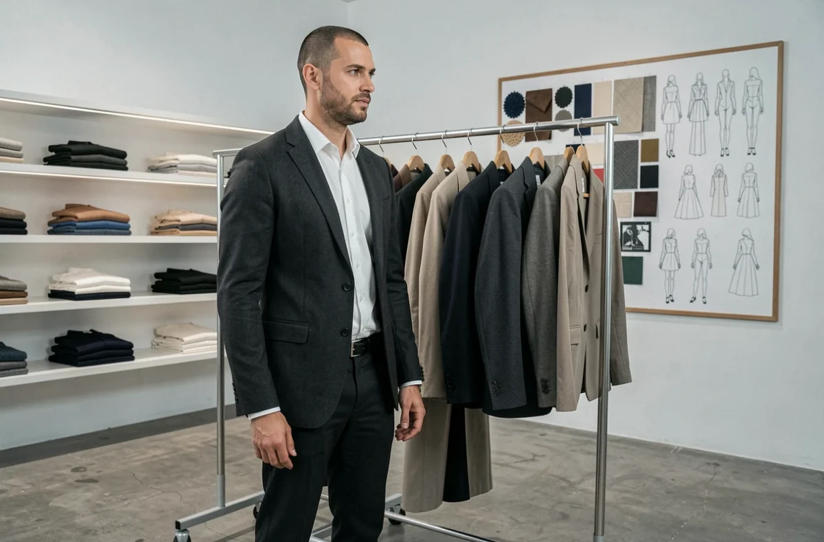 Créateur de mode Laurent H. dans son showroom de prêt-à-porter à Dijon