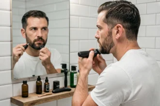 Homme en train de tailler sa barbichette avec une tondeuse électrique devant un miroir de salle de bain avec des produits de soin barbe