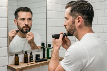 Homme en train de tailler sa barbichette avec une tondeuse électrique devant un miroir de salle de bain avec des produits de soin barbe