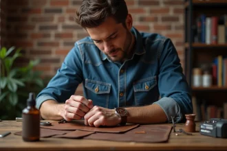 Homme appliquant soin cuir à un bracelet personnalisé