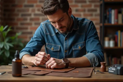 Homme appliquant soin cuir à un bracelet personnalisé