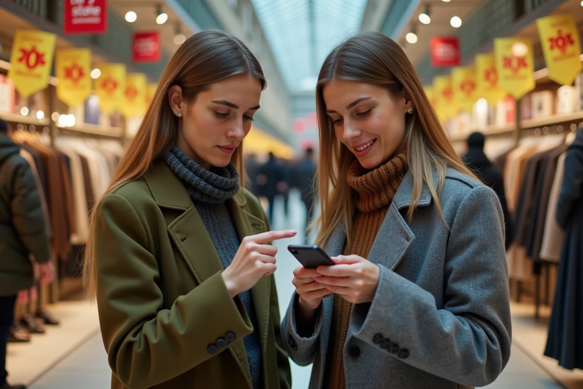 Deux femmes comparant les étiquettes de réduction dans un grand magasin français lors des soldes, évaluant les meilleures offres