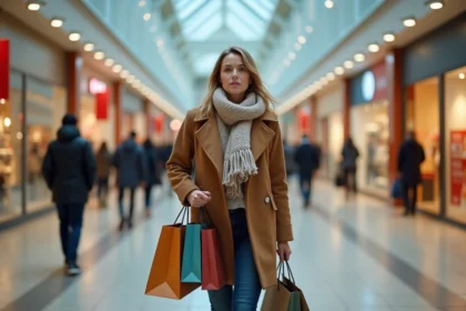 Femme faisant ses achats pendant les soldes d'hiver dans un centre commercial tôt le matin