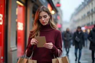 Femme tenant des sacs de shopping lors des soldes d'hiver en France dans une rue commerçante parisienne avec des vitrines affichant des réductions