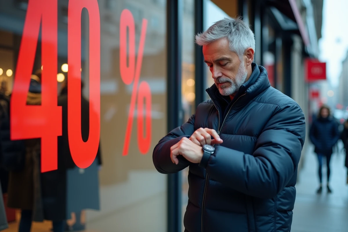 Homme vérifiant l'heure devant une vitrine de magasin affichant des promotions de soldes d'hiver