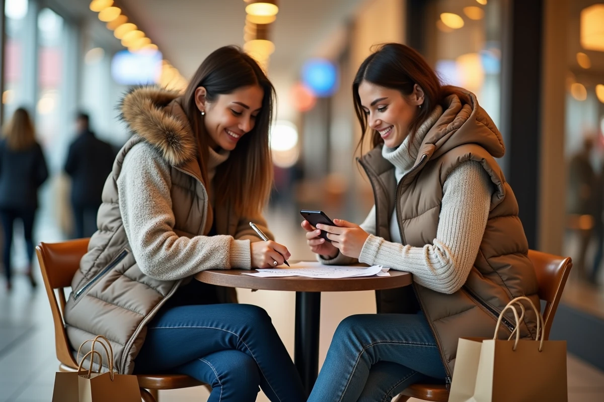 Deux femmes planifiant leurs achats des soldes d'hiver autour d'un café dans un centre commercial