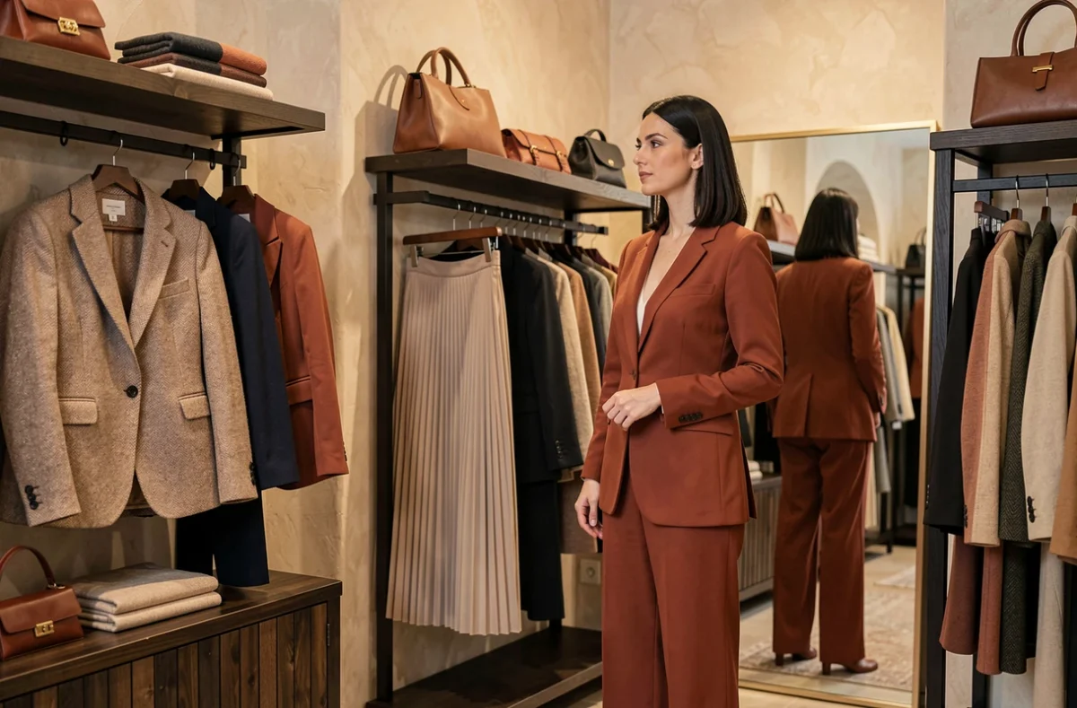 Femme élégante en blazer terracotta s'admirant dans un miroir à la boutique Strada d'Avignon avec des présentoirs en bois sombre et des murs en plâtre naturel