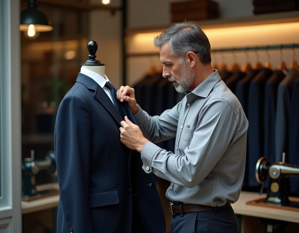 Tailleur professionnel épinglant un costume marine sur un mannequin de couture dans un atelier de retouche à Toulouse