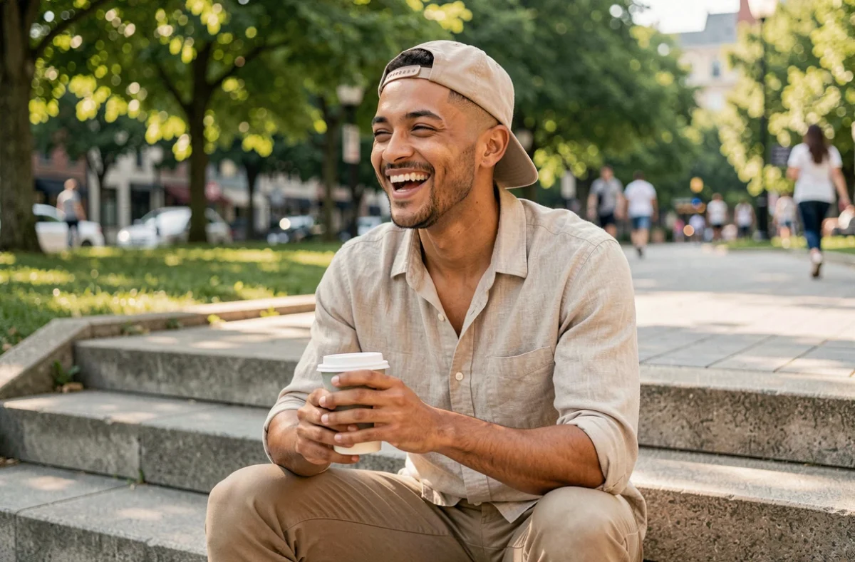 Jeune homme avec taper fade mid skin et casquette five-panel beige assis dans un parc urbain ensoleillé
