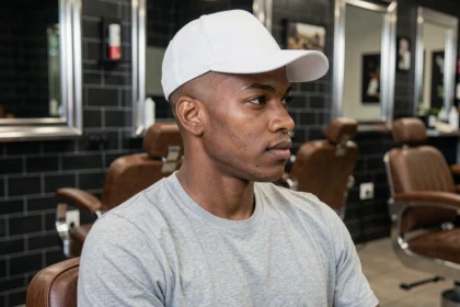 Jeune homme avec une coupe taper fade sous une casquette blanche dans un barbershop moderne