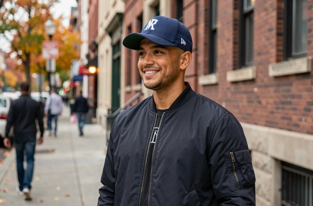 Homme latinx avec taper fade high et casquette snapback navy dans une rue de la ville en automne