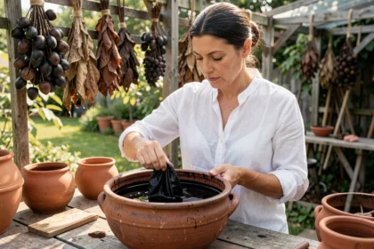 Femme teignant un tissu en noir avec une teinture naturelle dans un atelier de jardinage rustique
