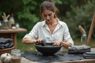 Femme teignant un tissu en noir avec une teinture naturelle écologique à base de galles de chêne dans un atelier de teinture artisanale en plein air