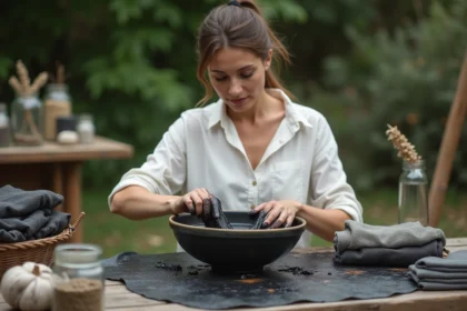 Femme teignant un tissu en noir avec une teinture naturelle écologique à base de galles de chêne dans un atelier de teinture artisanale en plein air