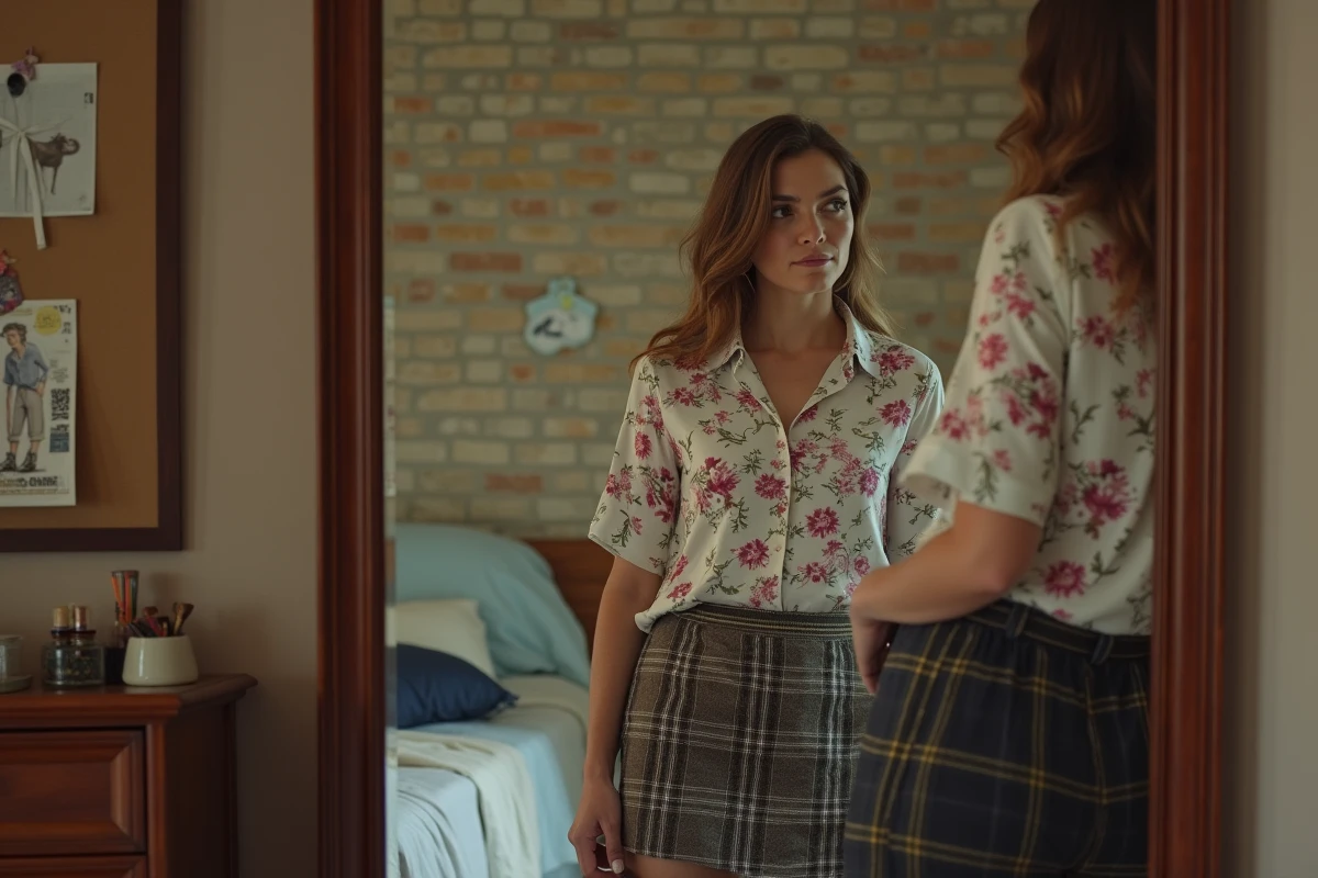 Femme essayant une tenue vintage dépareillée devant un miroir dans sa chambre, illustrant les erreurs de mélange de styles rétro