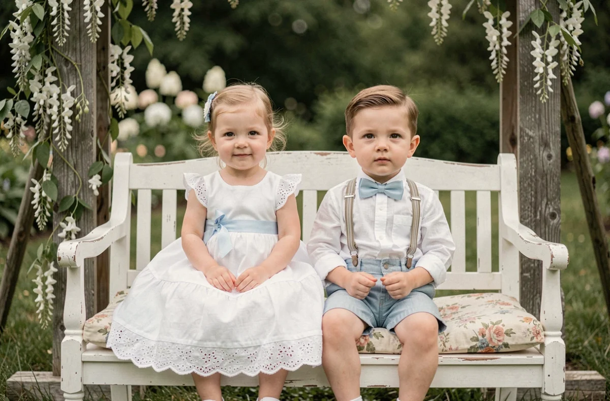 Jumeaux mixtes en tenues de baptême coordonnées dans un jardin, robe voile blanc pour la fille et costume lin blanc avec nœud papillon bleu pour le garçon