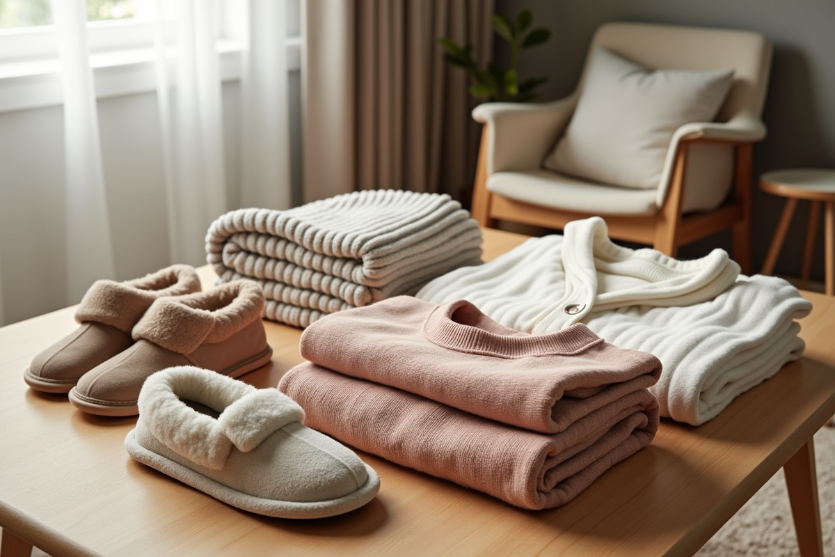 Vêtements homewear organisés sur une table en bois