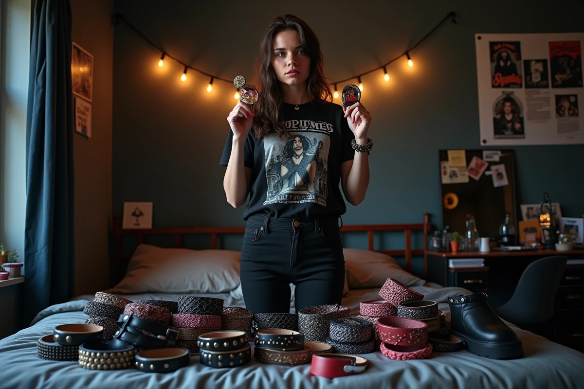 Jeune femme en tenue emo évaluant des accessoires surchargés dans sa chambre alternative, illustrant les erreurs courantes d'accumulation de style