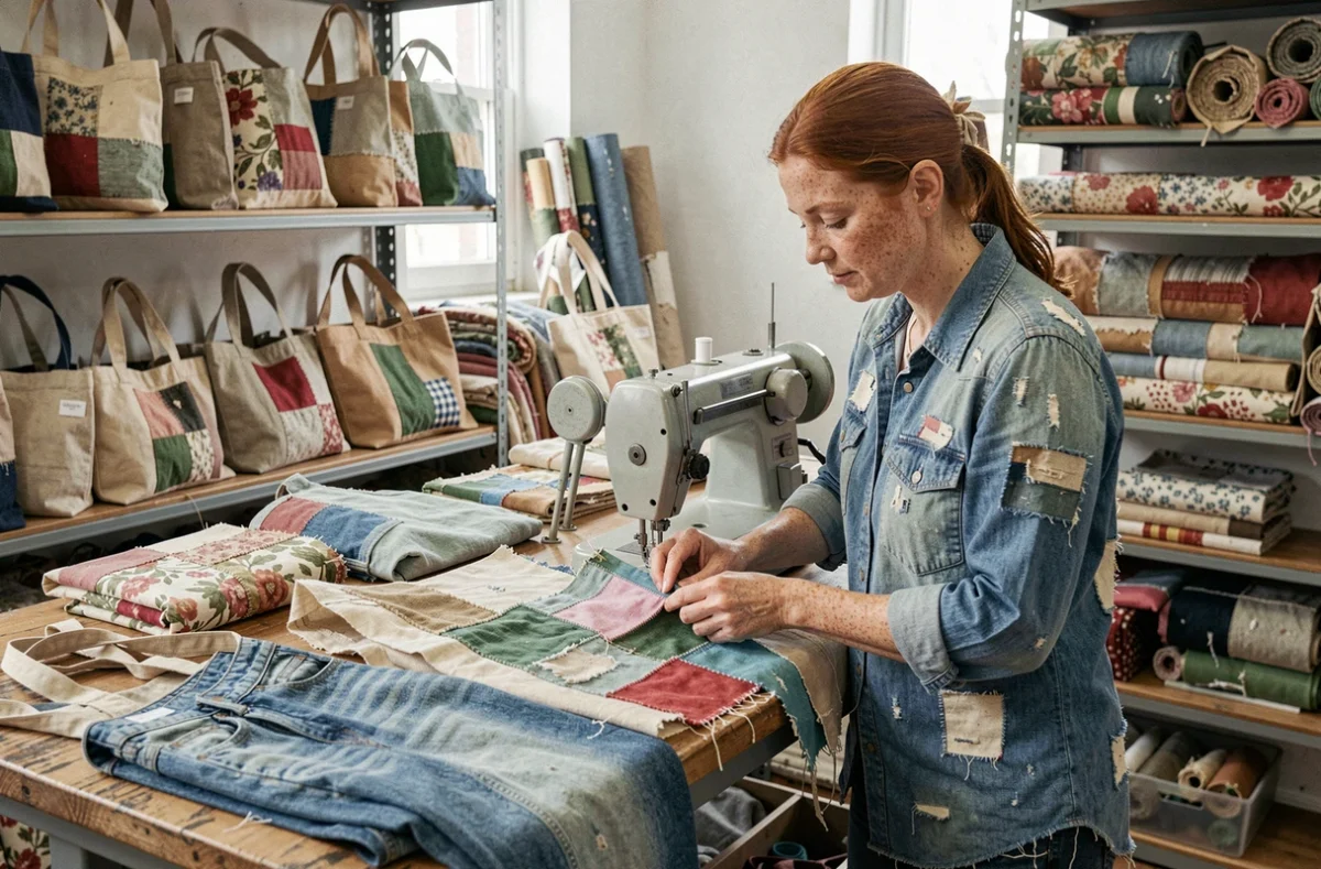 Artisane de l'atelier Un Joli Sac cousant des sacs upcyclés à partir de tissus réemployés dans le Doubs